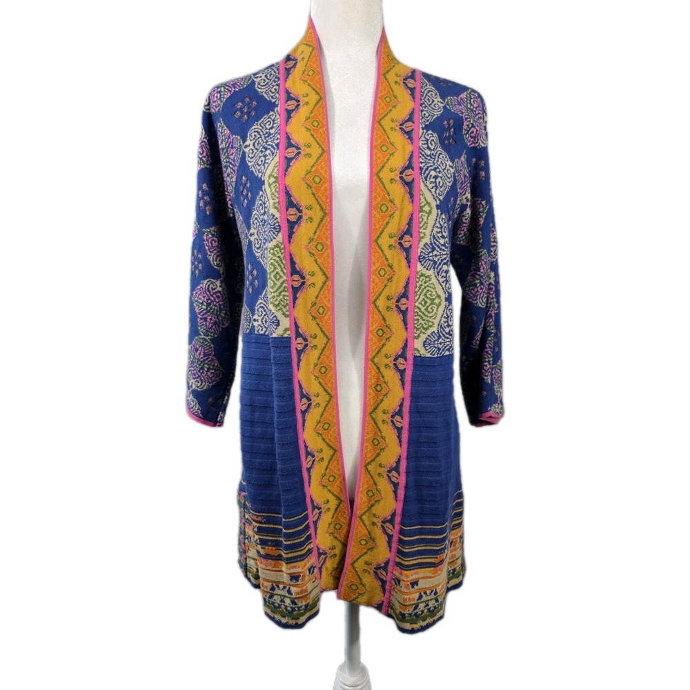 Peck & Peck Sweater Women Medium Blue Multicolor Open Front Cardigan Knit Cotton